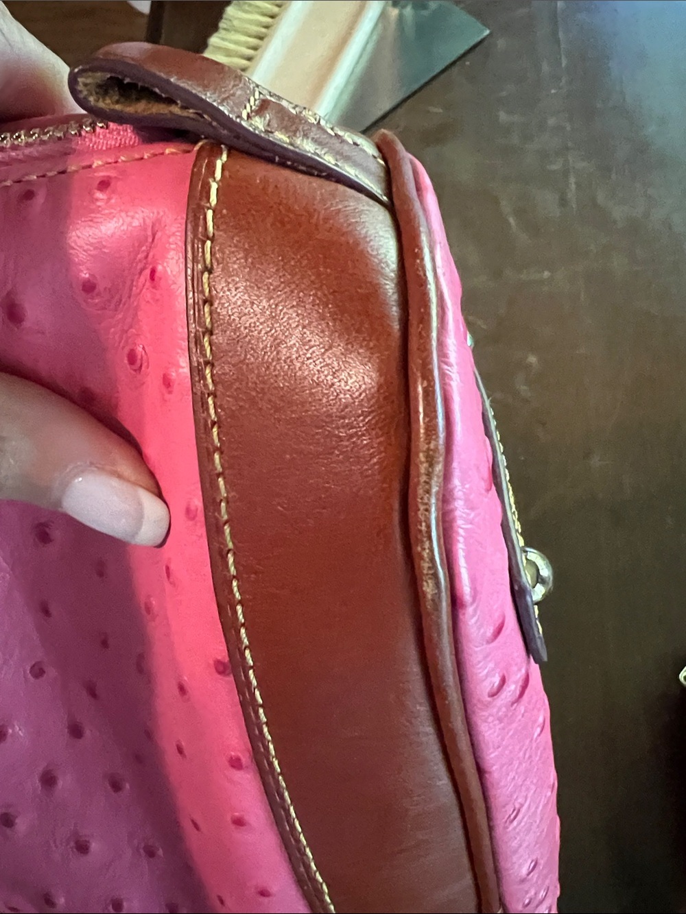 Dooney & Bourke Coral Pink Dome Satchel with Brown Trim - Picture 4 of 7